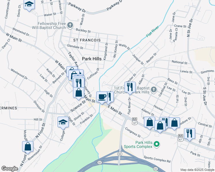 map of restaurants, bars, coffee shops, grocery stores, and more near 14 Mimosa Street in Park Hills