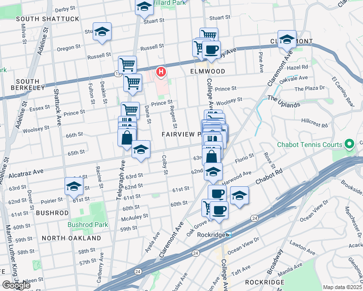 map of restaurants, bars, coffee shops, grocery stores, and more near 6401 Regent Street in Oakland