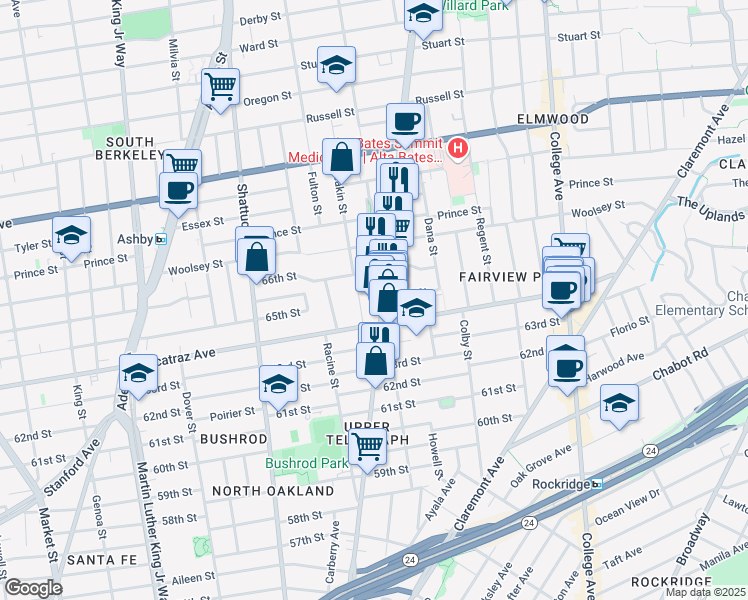 map of restaurants, bars, coffee shops, grocery stores, and more near in Oakland