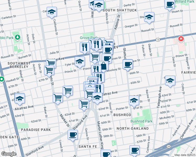 map of restaurants, bars, coffee shops, grocery stores, and more near 3140 Martin Luther King Junior Way in Berkeley