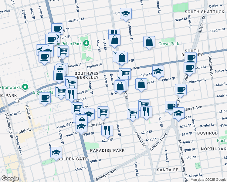 map of restaurants, bars, coffee shops, grocery stores, and more near 1417 67th Street in Berkeley