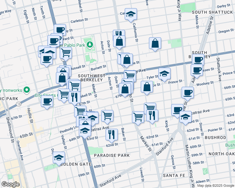 map of restaurants, bars, coffee shops, grocery stores, and more near 1417 67th Street in Berkeley