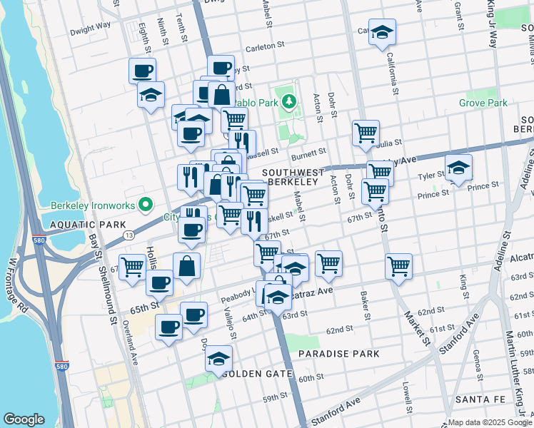 map of restaurants, bars, coffee shops, grocery stores, and more near 3037 San Pablo Avenue in Berkeley