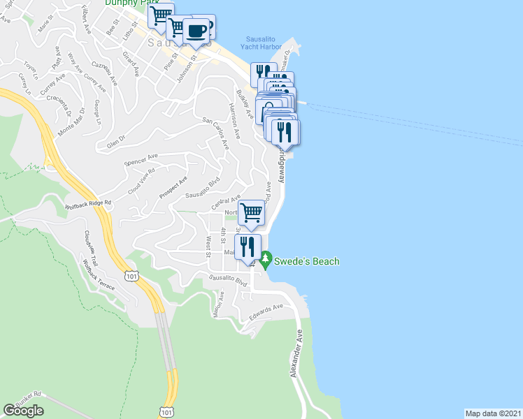 map of restaurants, bars, coffee shops, grocery stores, and more near 425 Bridgeway in Sausalito