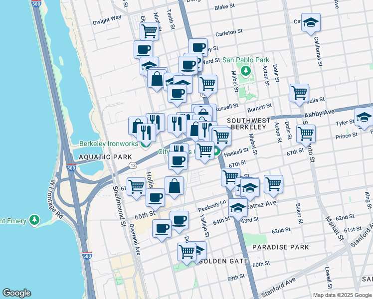 map of restaurants, bars, coffee shops, grocery stores, and more near 1000 Murray St in Berkeley