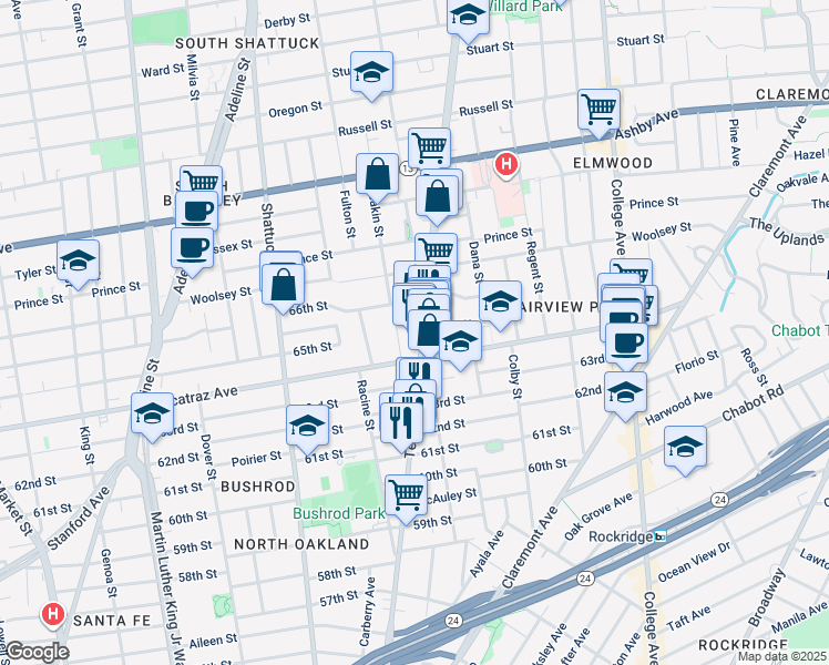 map of restaurants, bars, coffee shops, grocery stores, and more near 6505 Telegraph Avenue in Oakland