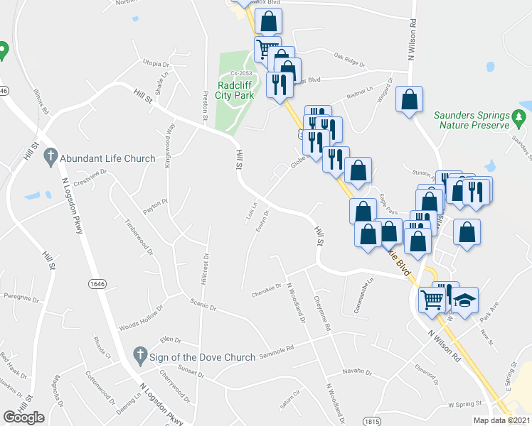 map of restaurants, bars, coffee shops, grocery stores, and more near 1189 Evelyn Drive in Radcliff