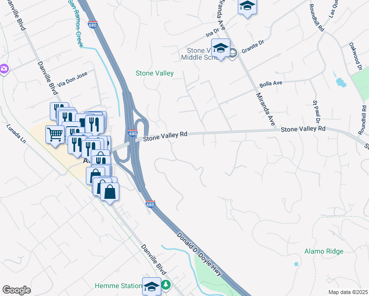 map of restaurants, bars, coffee shops, grocery stores, and more near 1111 Stone Valley Road in Alamo