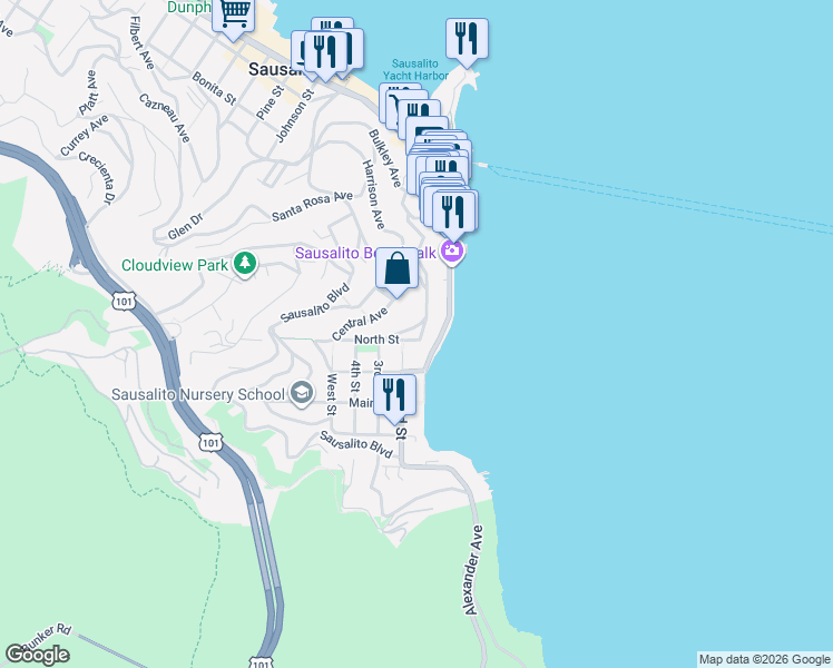 map of restaurants, bars, coffee shops, grocery stores, and more near 425 Bridgeway in Sausalito