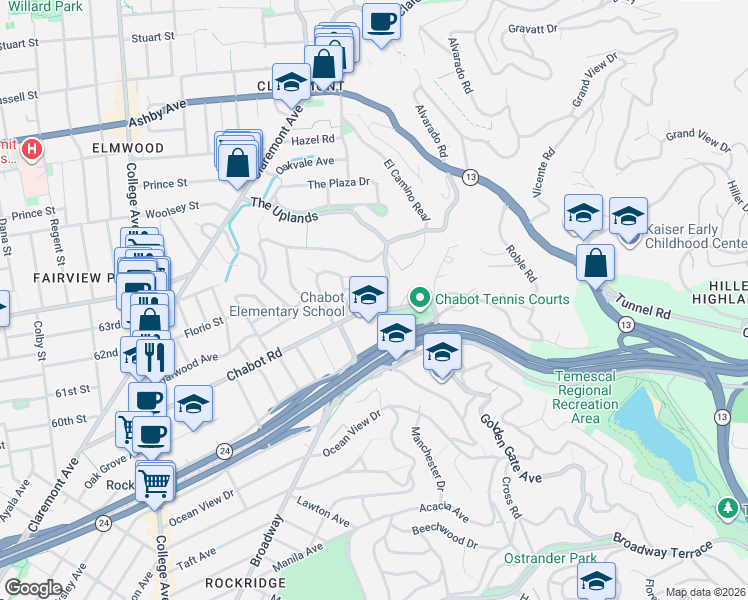 map of restaurants, bars, coffee shops, grocery stores, and more near 6729 Chabot Road in Oakland