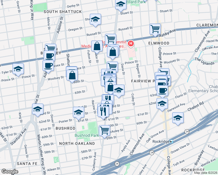 map of restaurants, bars, coffee shops, grocery stores, and more near Telegraph Ave & 65th St in Oakland