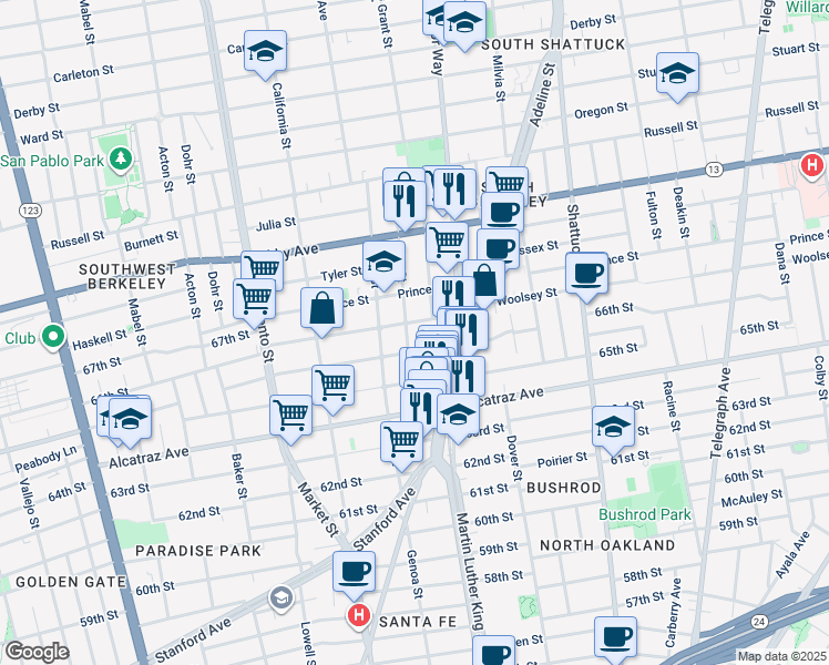 map of restaurants, bars, coffee shops, grocery stores, and more near 3131 Ellis Street in Berkeley