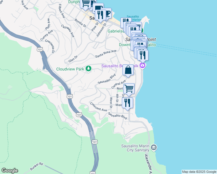 map of restaurants, bars, coffee shops, grocery stores, and more near 45 Central Avenue in Sausalito