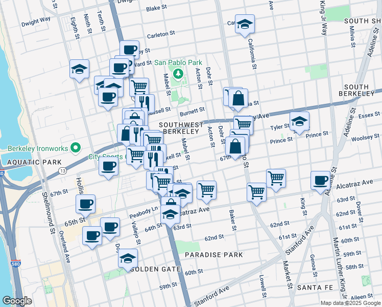 map of restaurants, bars, coffee shops, grocery stores, and more near 1304 Haskell Street in Berkeley