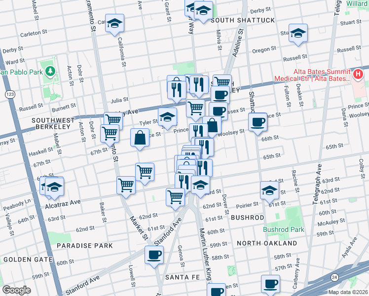 map of restaurants, bars, coffee shops, grocery stores, and more near 1812 Woolsey Street in Berkeley