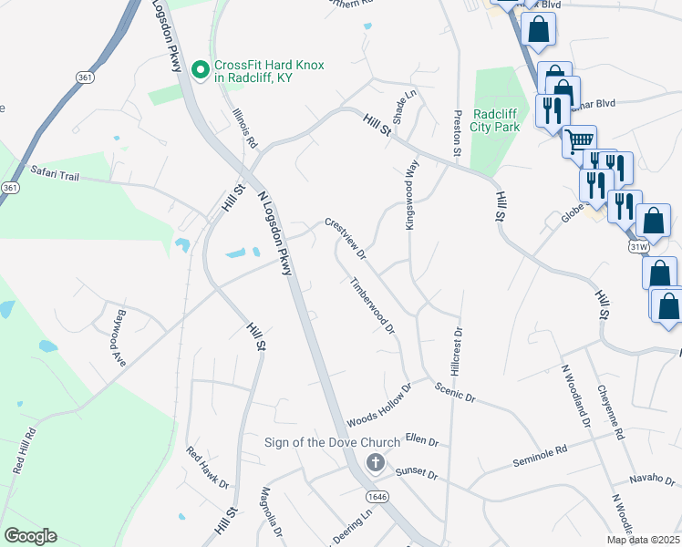 map of restaurants, bars, coffee shops, grocery stores, and more near 951 Timberwood Drive in Radcliff