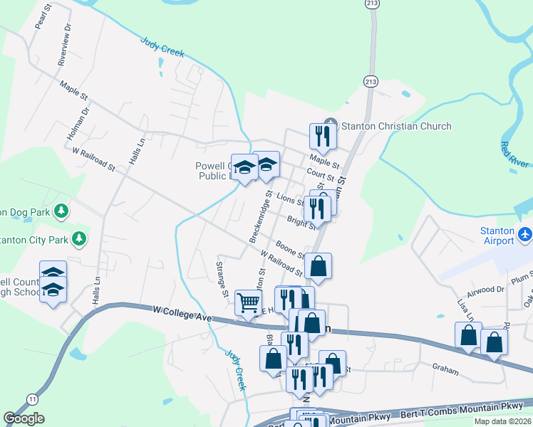 map of restaurants, bars, coffee shops, grocery stores, and more near 165 Bright Street in Stanton