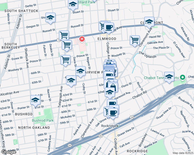map of restaurants, bars, coffee shops, grocery stores, and more near 347 Alcatraz Avenue in Oakland