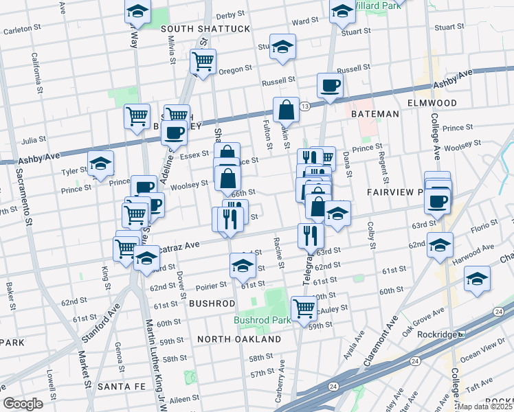 map of restaurants, bars, coffee shops, grocery stores, and more near 6514 Wheeler Street in Oakland