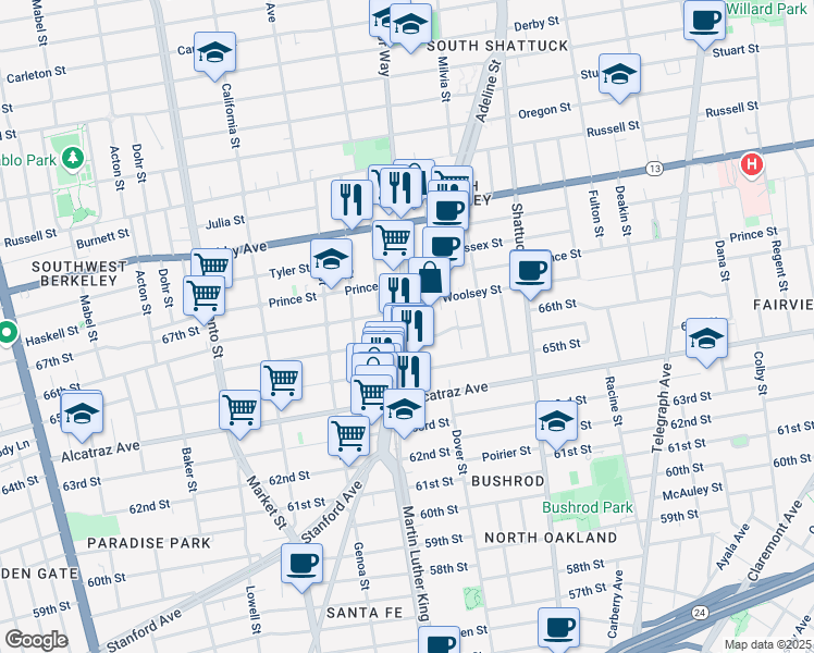 map of restaurants, bars, coffee shops, grocery stores, and more near 3140 Martin Luther King Junior Way in Berkeley