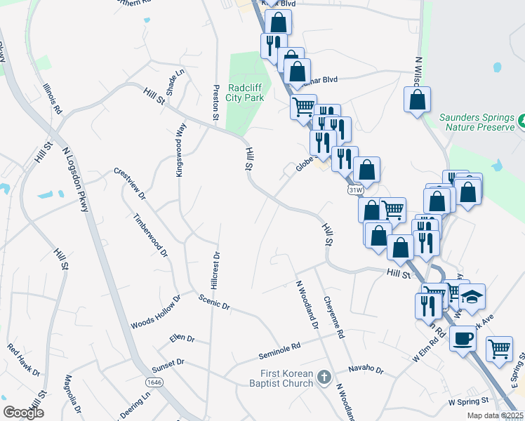 map of restaurants, bars, coffee shops, grocery stores, and more near 1189 Evelyn Drive in Radcliff