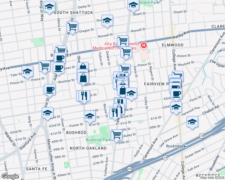 map of restaurants, bars, coffee shops, grocery stores, and more near 6445 Irwin Court in Oakland