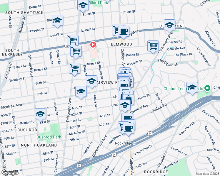 map of restaurants, bars, coffee shops, grocery stores, and more near 347 Alcatraz Avenue in Oakland