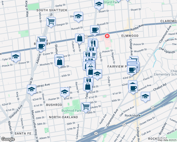 map of restaurants, bars, coffee shops, grocery stores, and more near 6505 Telegraph Avenue in Oakland