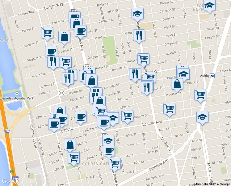 map of restaurants, bars, coffee shops, grocery stores, and more near Mabel St & Haskell St in Berkeley