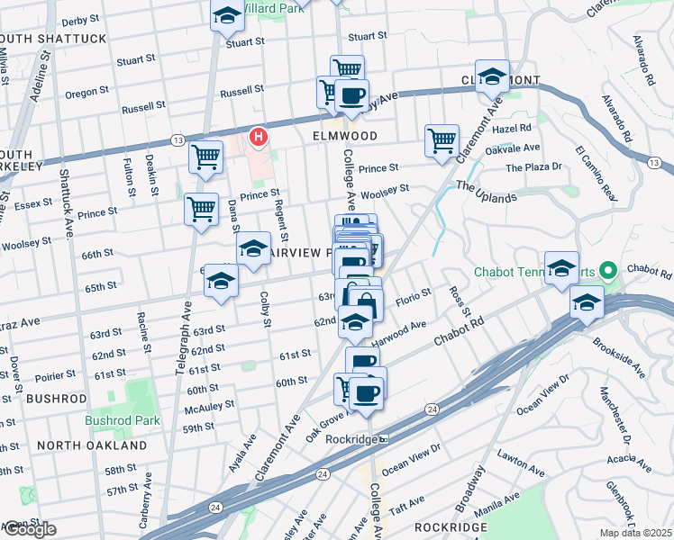 map of restaurants, bars, coffee shops, grocery stores, and more near Alcatraz Ave & Benvenue Ave in Oakland