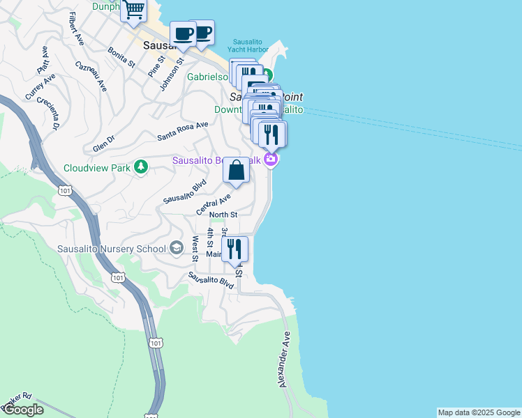 map of restaurants, bars, coffee shops, grocery stores, and more near 425 Bridgeway in Sausalito