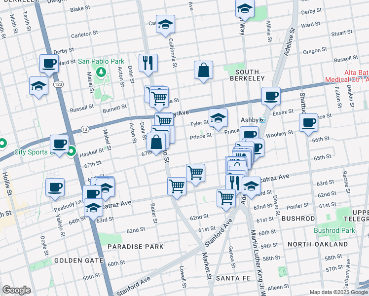 map of restaurants, bars, coffee shops, grocery stores, and more near 3114 California Street in Berkeley