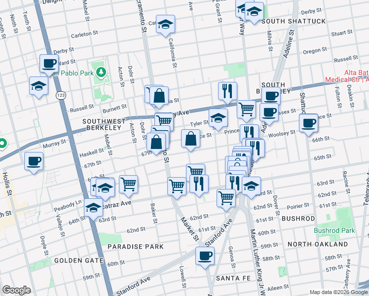map of restaurants, bars, coffee shops, grocery stores, and more near 3114 California Street in Berkeley