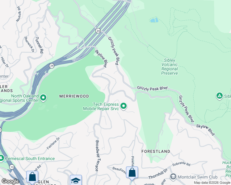 map of restaurants, bars, coffee shops, grocery stores, and more near 6108 Skyline Boulevard in Oakland