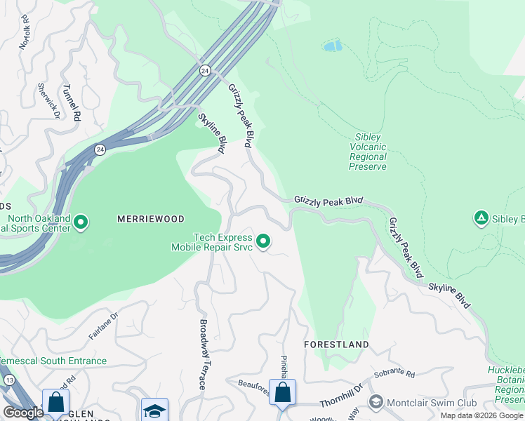 map of restaurants, bars, coffee shops, grocery stores, and more near 6201 Skyline Boulevard in Oakland