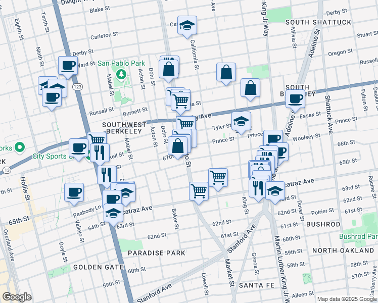 map of restaurants, bars, coffee shops, grocery stores, and more near 3120 Sacramento Street in Berkeley