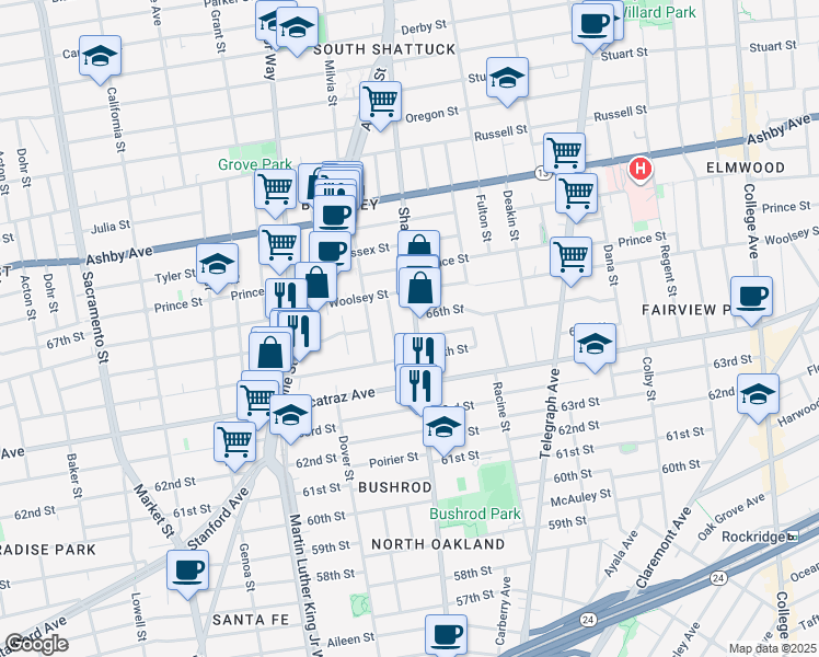 map of restaurants, bars, coffee shops, grocery stores, and more near 6563 Shattuck Avenue in Oakland