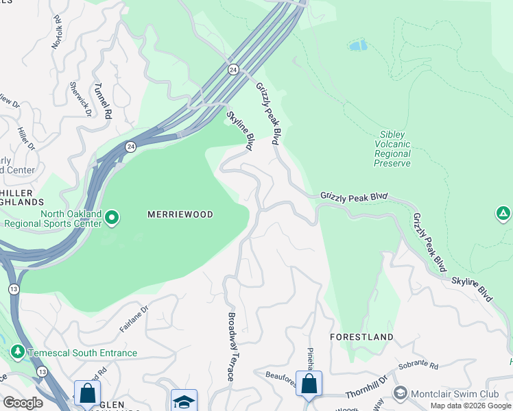 map of restaurants, bars, coffee shops, grocery stores, and more near 6085 Skyline Boulevard in Oakland