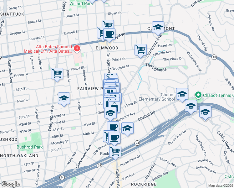 map of restaurants, bars, coffee shops, grocery stores, and more near 6201 Claremont Avenue in Oakland