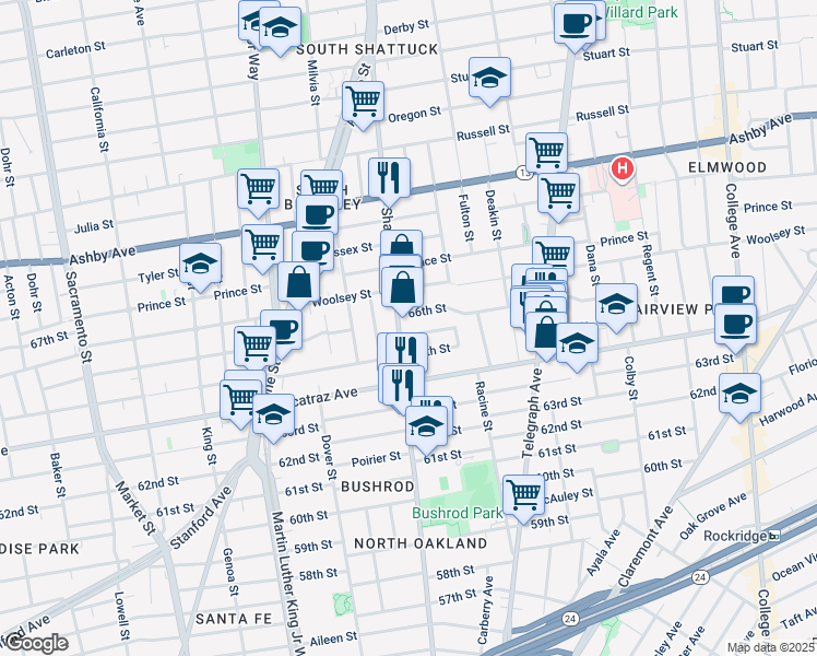 map of restaurants, bars, coffee shops, grocery stores, and more near 675 Fairview Street in Oakland