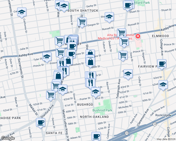 map of restaurants, bars, coffee shops, grocery stores, and more near 6534 Whitney Street in Oakland