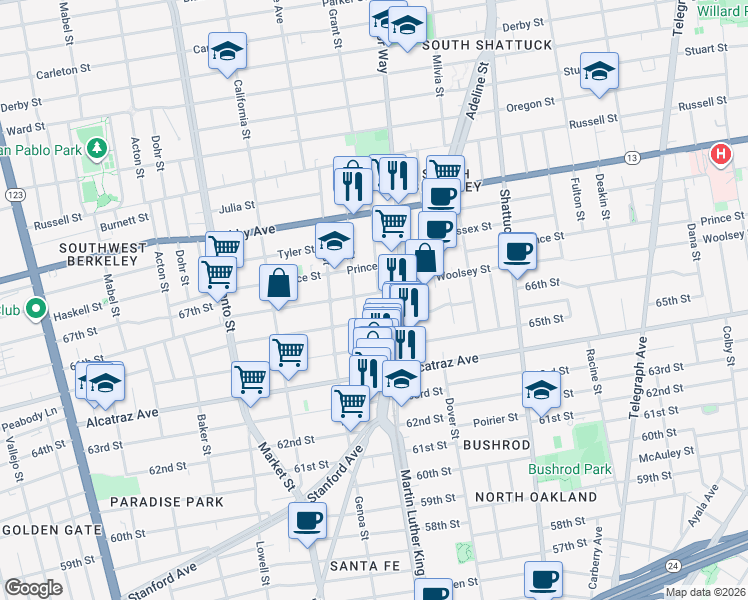 map of restaurants, bars, coffee shops, grocery stores, and more near 3139 Ellis Street in Berkeley