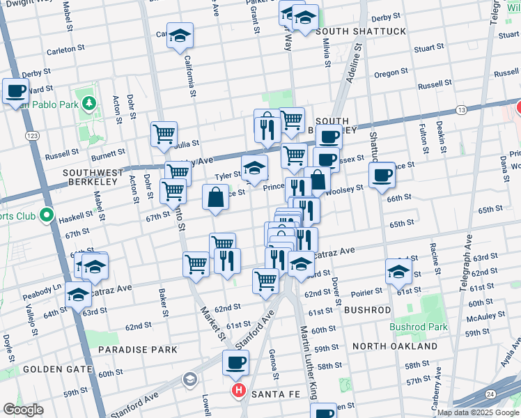 map of restaurants, bars, coffee shops, grocery stores, and more near 3130 King Street in Berkeley