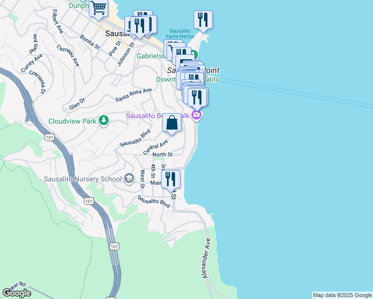 map of restaurants, bars, coffee shops, grocery stores, and more near 425 Bridgeway in Sausalito