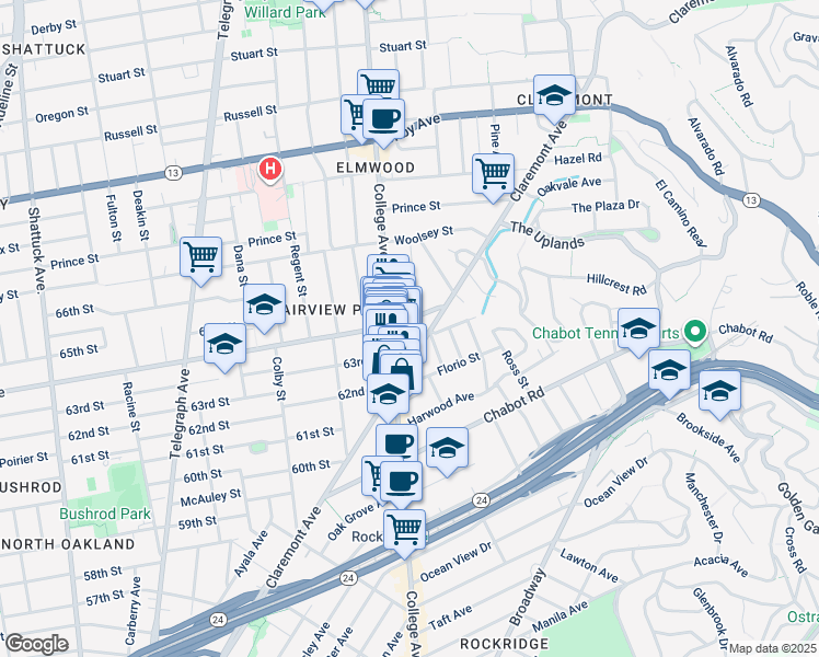 map of restaurants, bars, coffee shops, grocery stores, and more near 6201 Claremont Avenue in Oakland