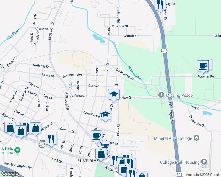 map of restaurants, bars, coffee shops, grocery stores, and more near 705 Dix Avenue in Park Hills