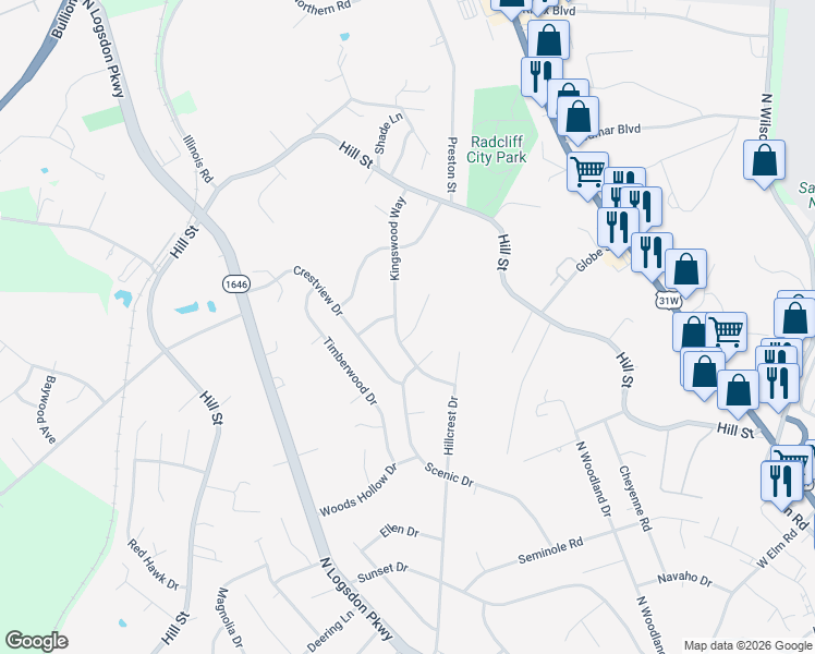 map of restaurants, bars, coffee shops, grocery stores, and more near 1389 Kingswood Way in Radcliff