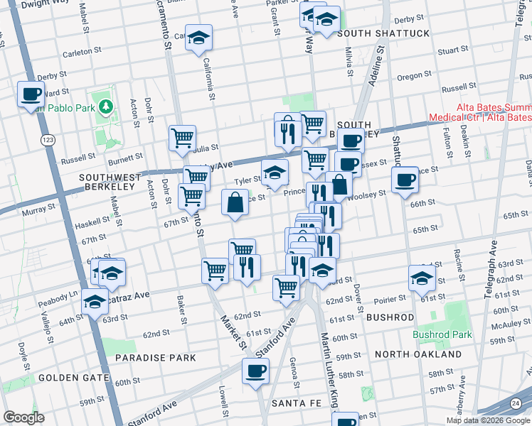 map of restaurants, bars, coffee shops, grocery stores, and more near 1639 Woolsey Street in Berkeley