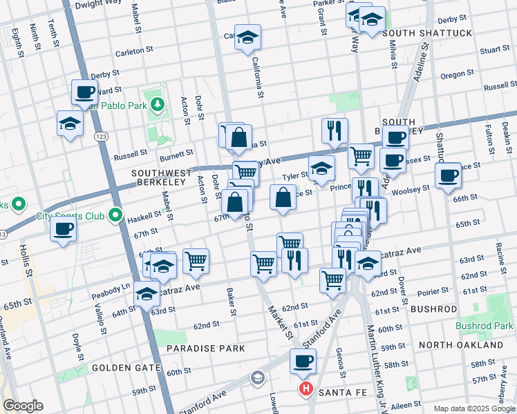 map of restaurants, bars, coffee shops, grocery stores, and more near 1533 Woolsey Street in Berkeley