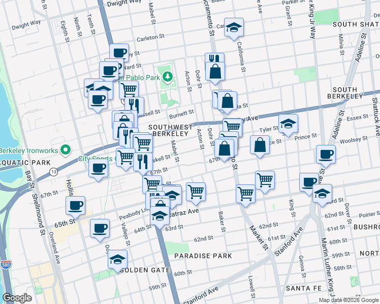 map of restaurants, bars, coffee shops, grocery stores, and more near 1331 67th Street in Berkeley